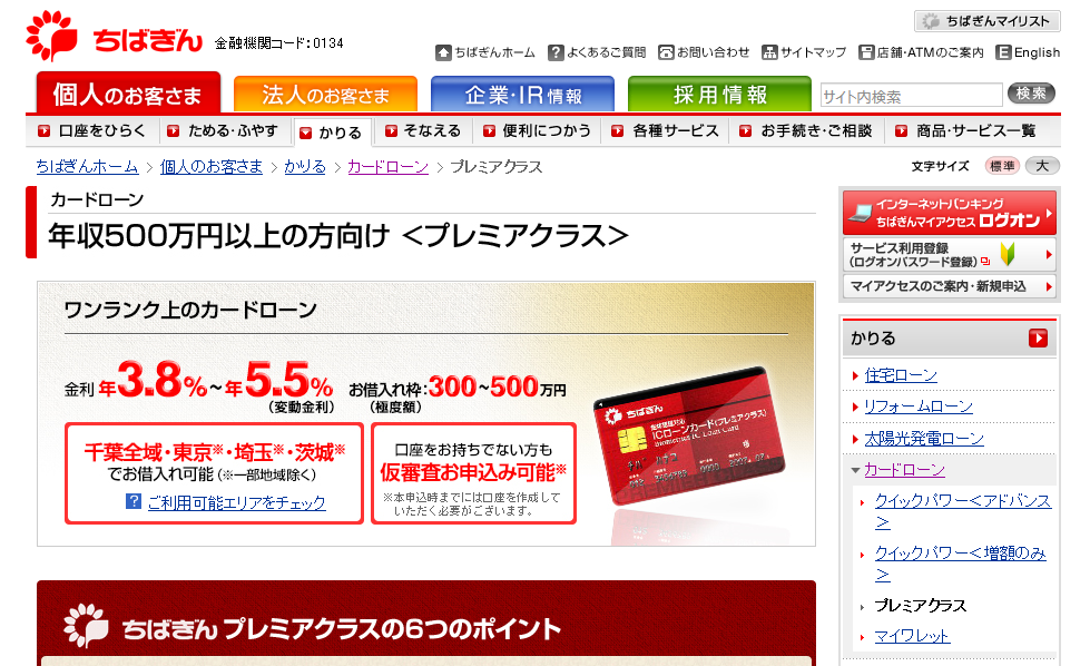 千葉銀行カードローン「プレミアクラス」